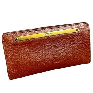 Fossil Snap Closure Bifold Long Wallet Brown Leather with Brass Accenting